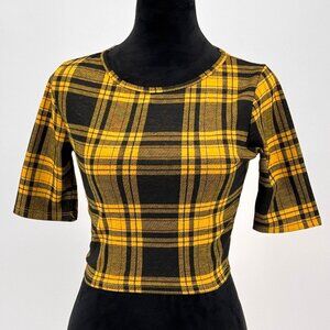 2/$18 SALE Adara Crop Top Women XS Yellow Black Plaid Y2K USA 90s Fitted